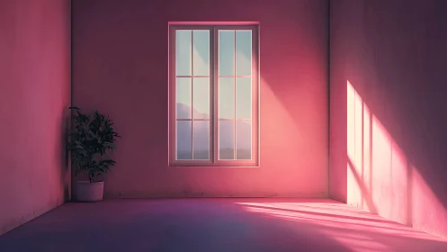 Minimalist pink room with soft window light and distant mountains