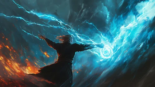 Storm mage unleashes blue lightning against burning sky.