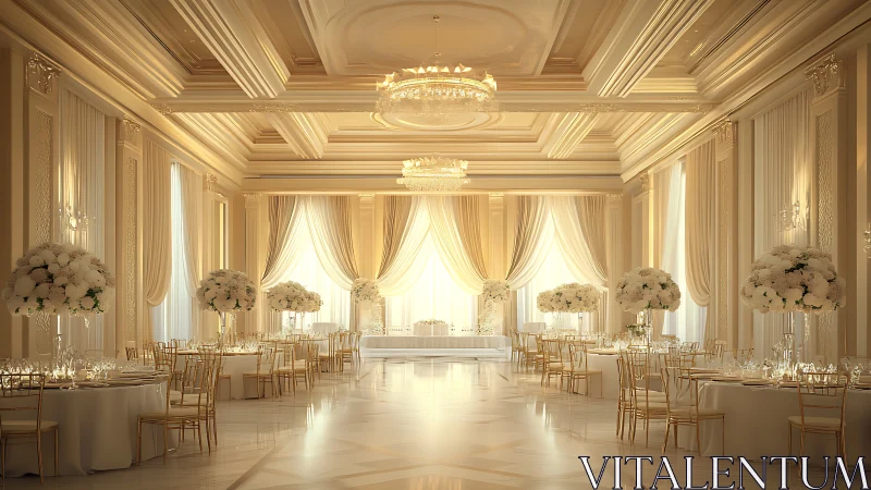 Neoclassical ballroom with axial symmetry and luminous drapery.