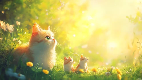 Luminous Feline Family in Golden Meadow with Atmospheric Backlighting