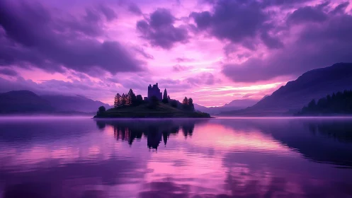 Illuminated Castle Island at Twilight Over Calm Lake.