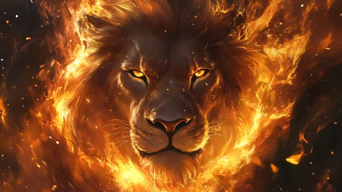 Fiery lion portrait with blazing mane on dark background.