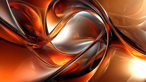 Molten chrome ribbons in dynamic amber light flow.