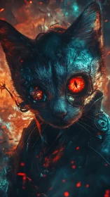 Cyborg cat portrait with glowing red eyes in fiery scene