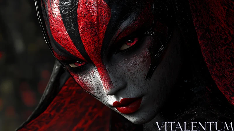 Crimson warpaint siren staring from a blade shadowed world.