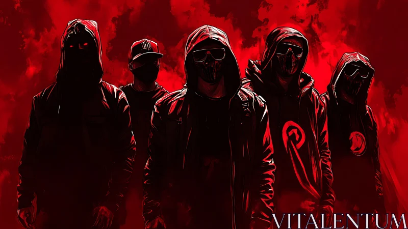 Masked urban hacker collective in high-contrast red chaos.