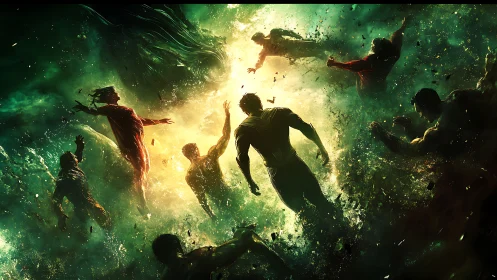 Superhuman figures spiral toward radiant cosmic vortex