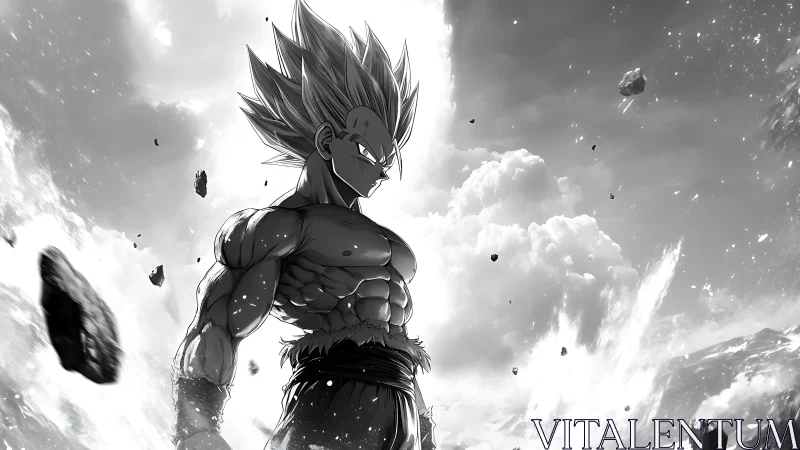 Monochrome muscular anime warrior under fractured sky field.