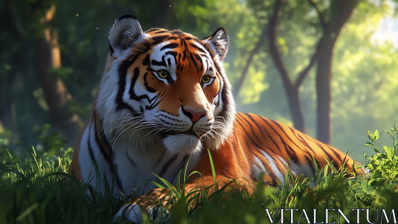 Tiger lies in sunlit forest clearing with detailed fur rendering