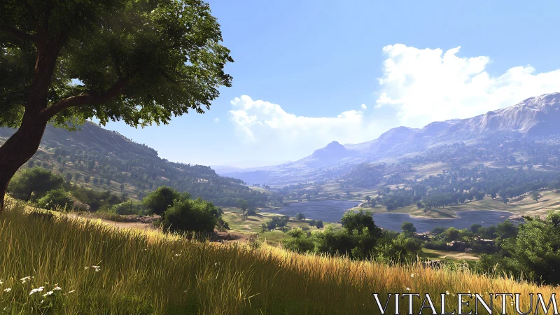 Sunlit valley landscape with distant blue mountains panorama.