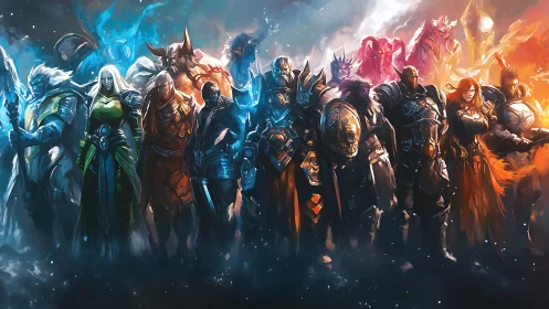 Fantasy warrior lineup in contrasting blue and orange light.