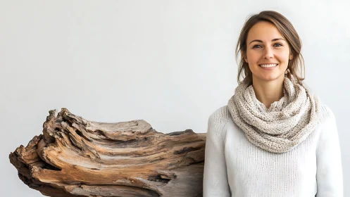 Woman in Cozy Knit Scarf Smiling Beside Driftwood, Minimalist Portrait.