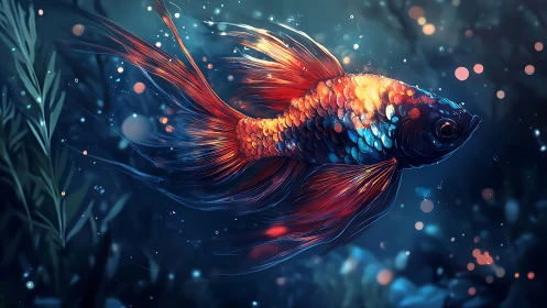 Vibrant betta fish glides through glowing deep water