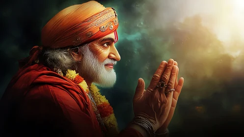 Portrait of an elderly guru in prayer against radiant cosmos