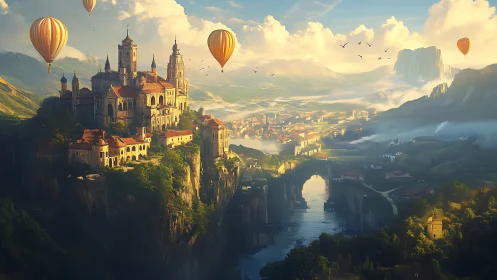 Clifftop stone city with river gorge and hot air balloons.