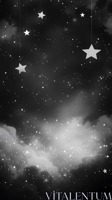Monochrome night sky illustration shows stars and clouds