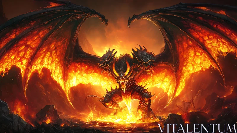 Hellforged demon lord emerging from erupting lava.