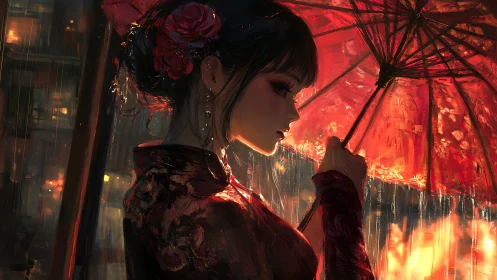 Side profile of woman with red umbrella in night rain.