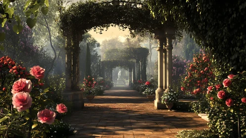 Pergola walkway in formal rose garden under warm daylight.