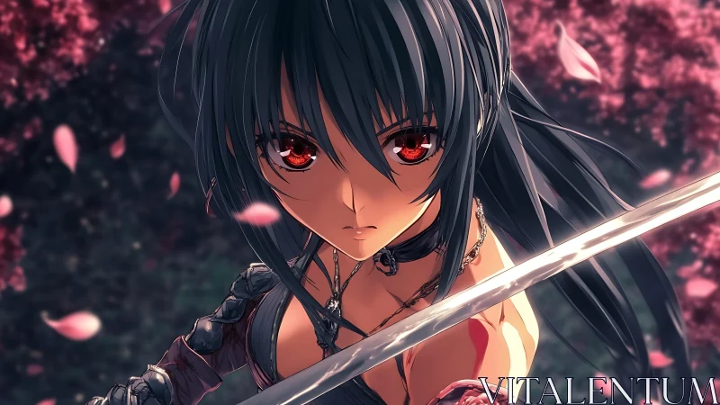 Crimson-eyed katana duelist amid dynamic sakura turbulence.