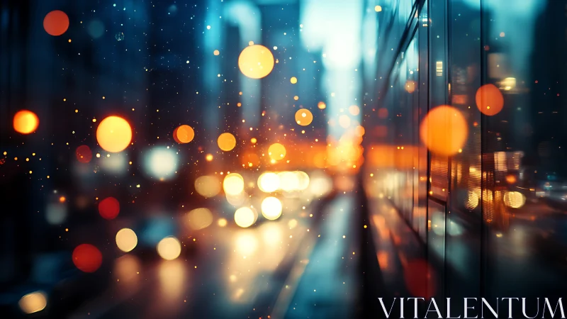 City lights blur across rainy glass in warm bokeh glow.