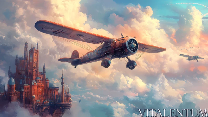 Vintage airship soars past a floating citadel in golden clouds