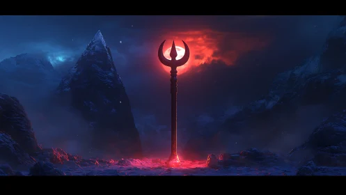 Crimson moonlight crowns an ancient staff in frozen silence