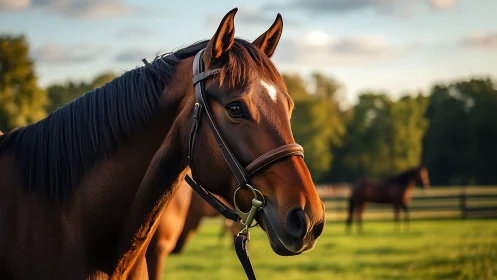 Chestnut horse portrait in shallow depth pasture lighting study