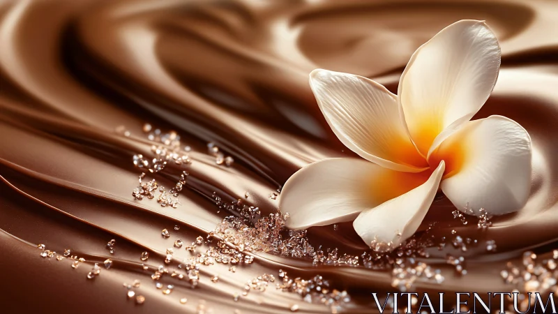 White flower rests on molten chocolate with sugar crystals