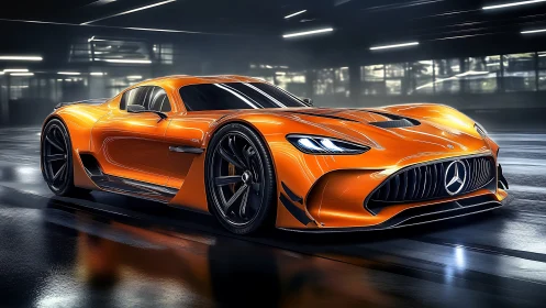 Sleek orange supercar glides through a glossy city garage