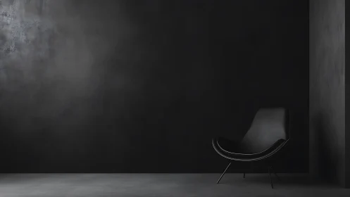 Minimalist black lounge chair in dark tonal interior space.