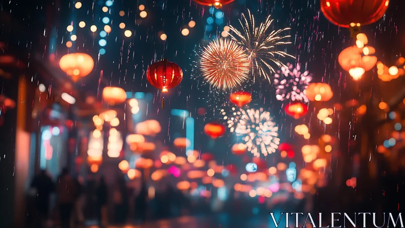 Urban street with lanterns and fireworks in rainfall at night.