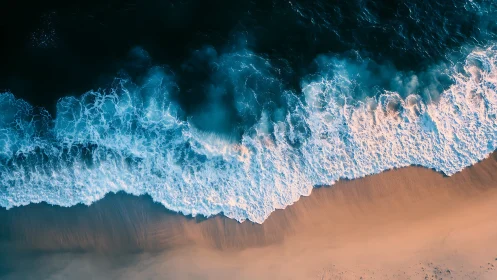 Foaming ocean waves roll onto a tranquil golden shoreline.