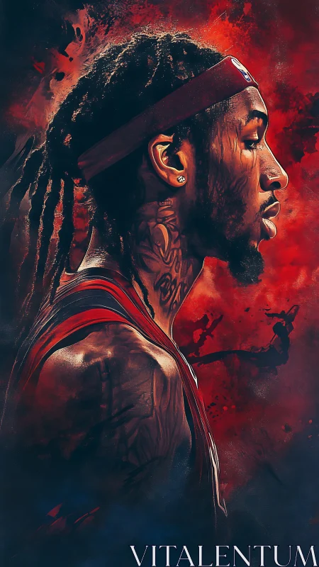 Profile portrait of basketball player in red abstract background.