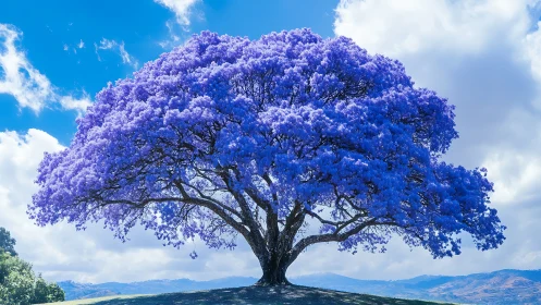 Solitary blue-flowering tree on open hillside under clouds.