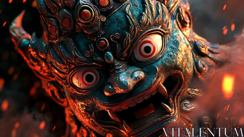 Rendered demonic mask exhibits high-detail metallic surface