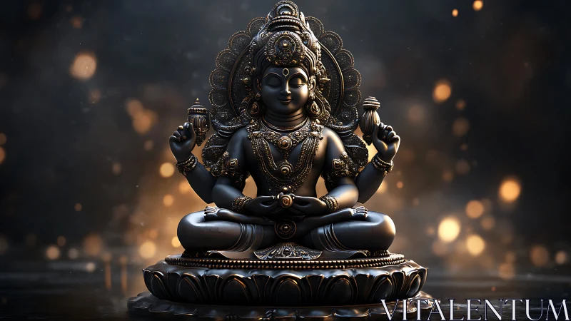 Serene multi-armed deity in glowing bronze meditation moment.