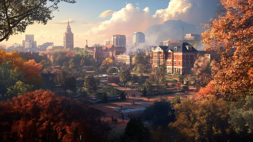 University campus park sits before modern city skyline