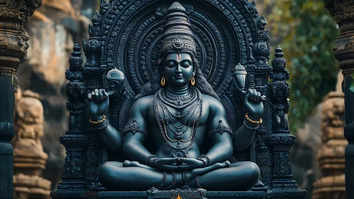 Shiva stone deity sits in ornate temple sanctum, dusk light