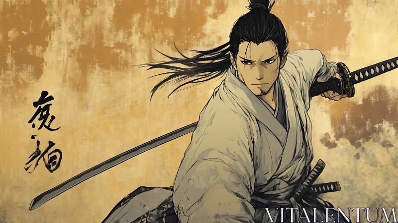 Resolute samurai lunges forward in a storm of ochre light