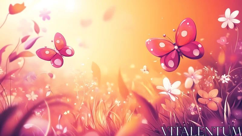 Sunlit pink butterflies in glowing pastel meadowscape.