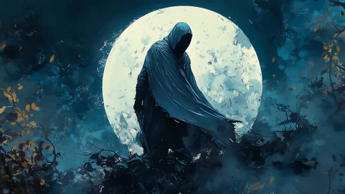 Hooded spectral figure silhouetted against high-contrast full moon