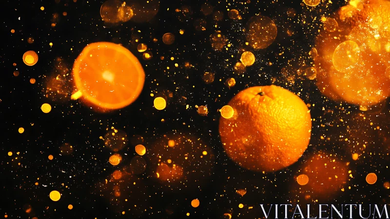 Suspended oranges with luminous particulate bokeh in motion