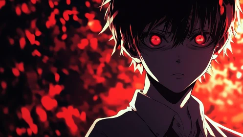 Anime boy with glowing red eyes against burning bokeh field.