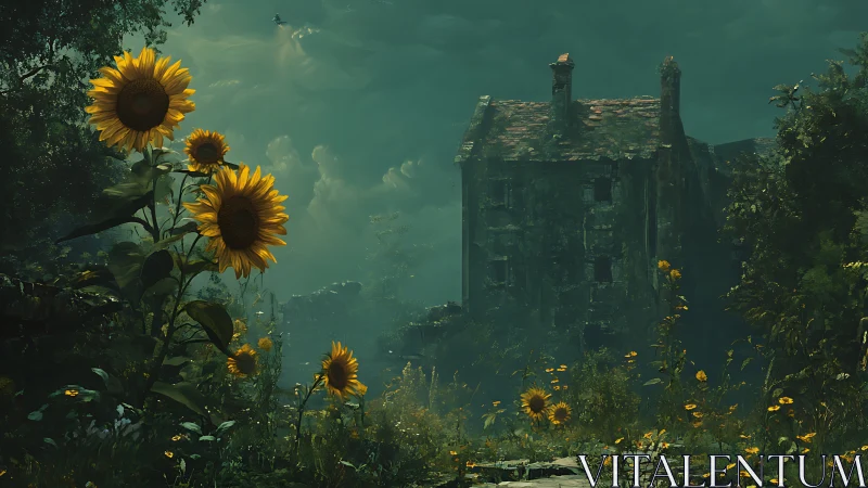 Sunflowers glow before an eerie, overgrown haunted house.