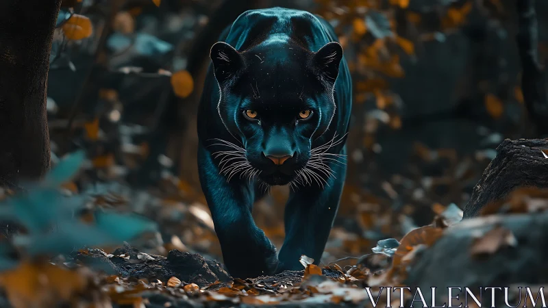 Black panther prowling through autumn forest with luminous golden eyes