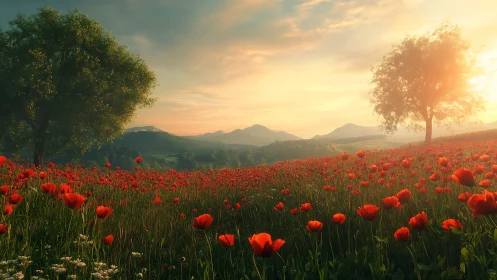 Sunlit poppy field under soft clouds and distant hills.