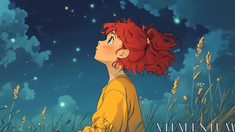 Red haired girl in yellow sweater watches glowing night sky