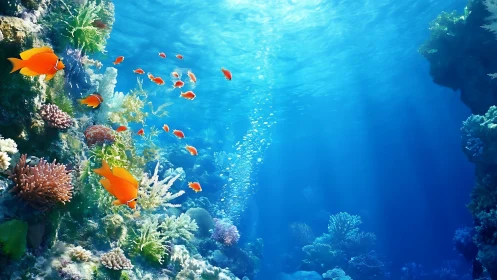 Coral reef scene with orange fish in clear blue water.