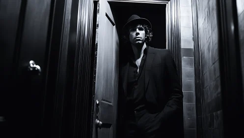 Man in doorway wearing hat in moody black and white.